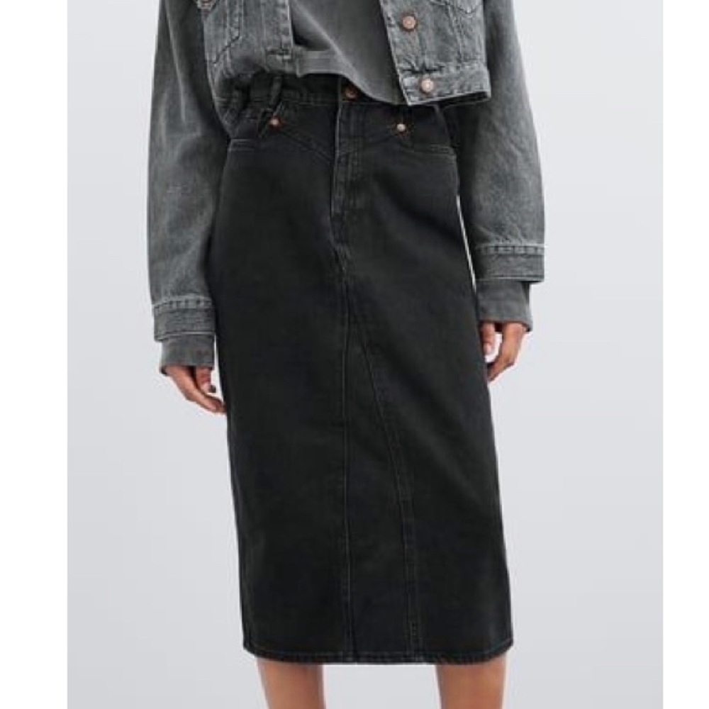 Zara high-waisted front yoke midi denim skirt